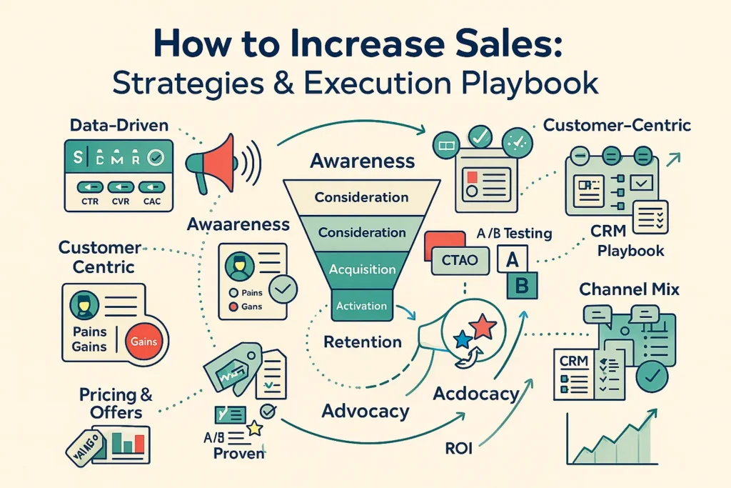 إنفوجراف لـ زيادة المبيعات: مسار القمع التسويقي مع أهداف SMART، أبحاث الجمهور، اختبار A/B، مزيج القنوات، CRM، الجدولة وتتبع ROI.