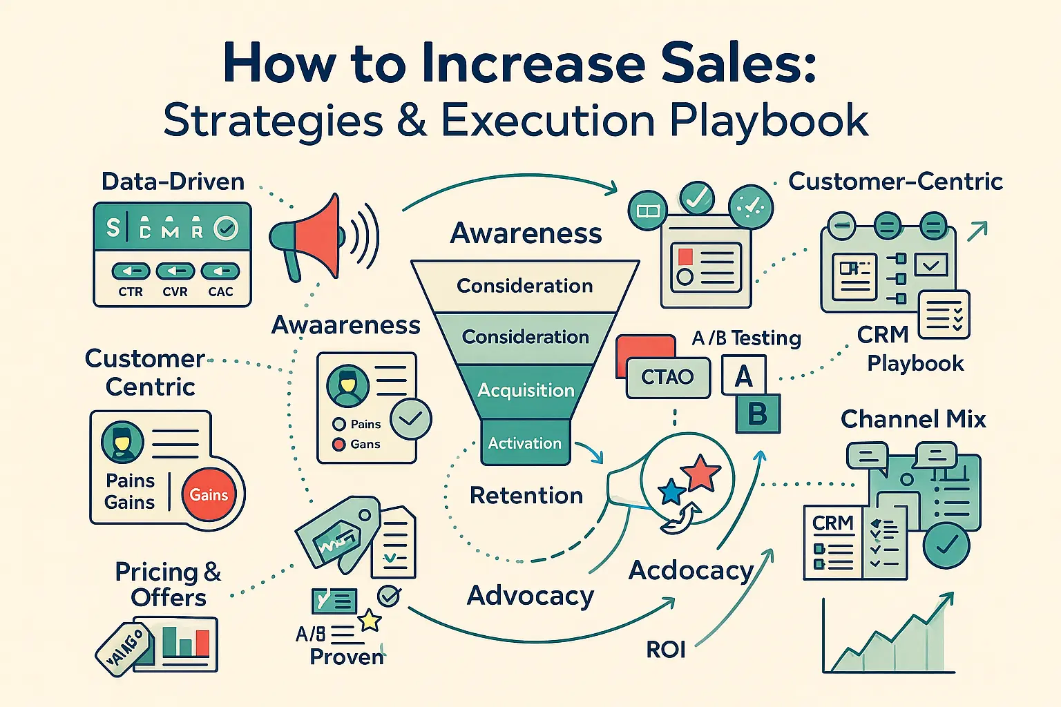 إنفوجراف لـ زيادة المبيعات: مسار القمع التسويقي مع أهداف SMART، أبحاث الجمهور، اختبار A/B، مزيج القنوات، CRM، الجدولة وتتبع ROI.