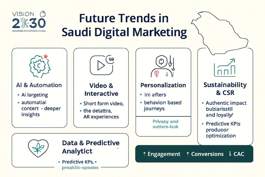  Infographic: future trends for digital marketing companies in Saudi Arabia—AI & automation, video, personalization, sustainability, predictive analytics.