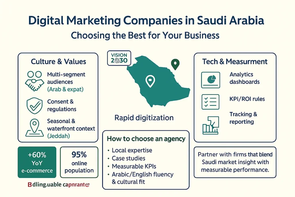 إنفوجرافيك لاختيارشركات التسويق الالكتروني في السعودية: رؤية 2030، الثقافة والقيم، التحليلات وKPIs، دراسات حالة، وخبرة محلية.