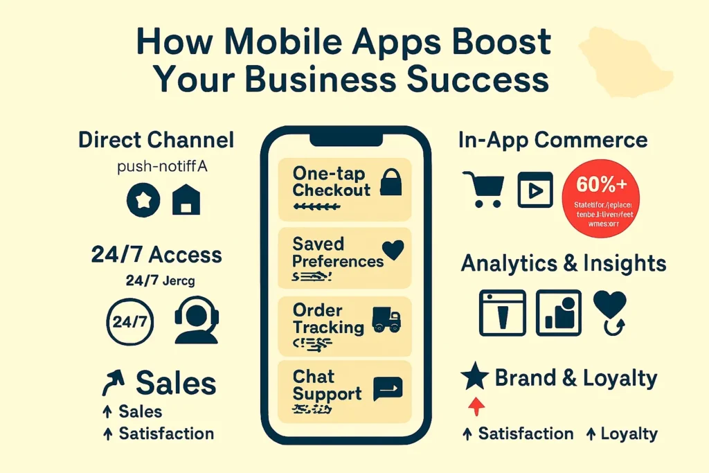 Infographic by an App Design Company: mobile apps boost business via a direct channel, 24/7 access, in-app commerce, analytics, and loyalty.