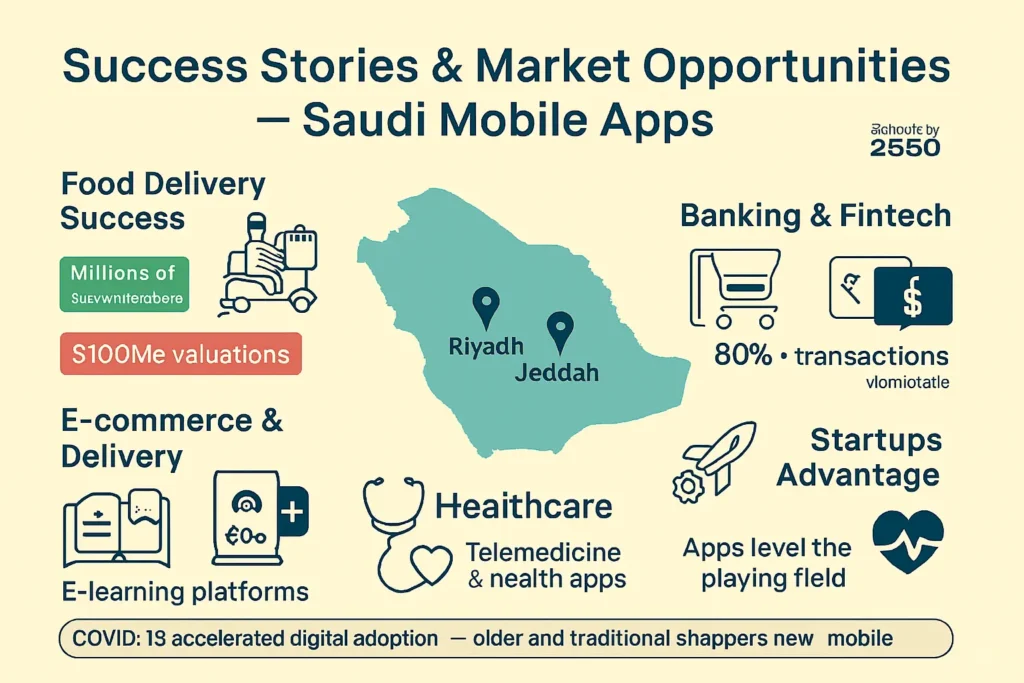 Infographic by an App Design Company on Saudi mobile app opportunities: map of Riyadh & Jeddah, food delivery, fintech 80% mobile, e-commerce, healthcare.
