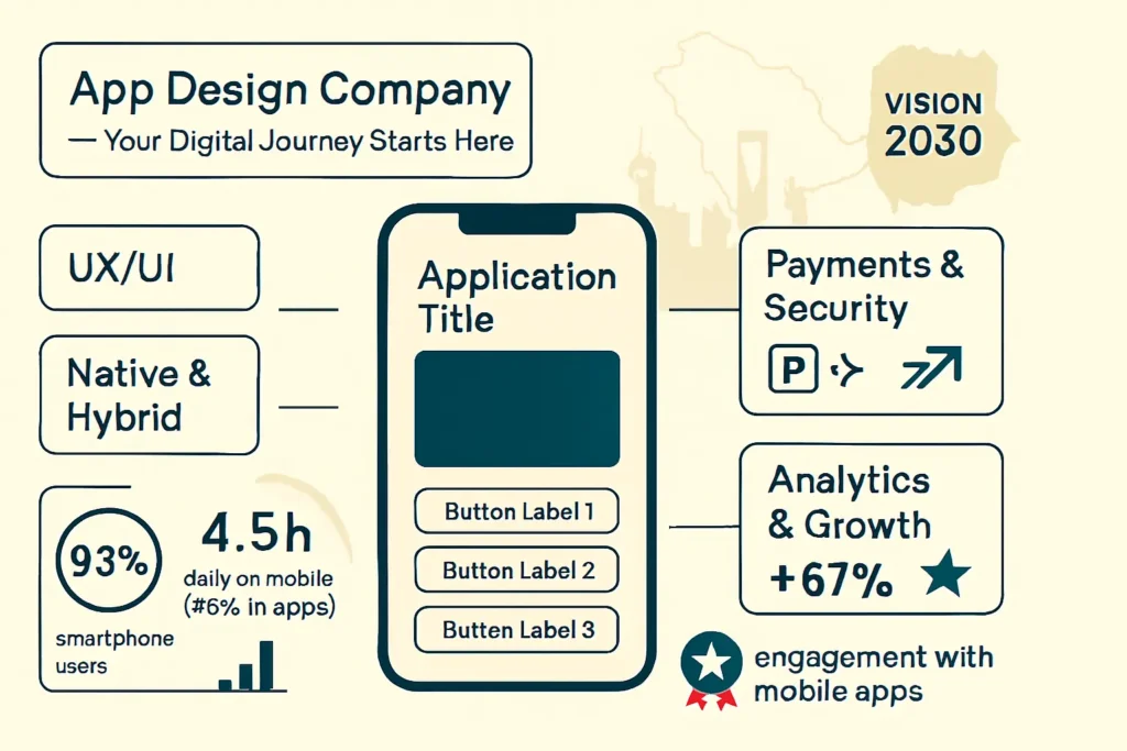 إنفوجرافيك شركة تصميم تطبيقات: UX، أصلية/هجينة، مدفوعات آمنة، تحليلات؛ 93% يستخدمون الهواتف، 4.5س يومياً، +67% تفاعل في السعودية.