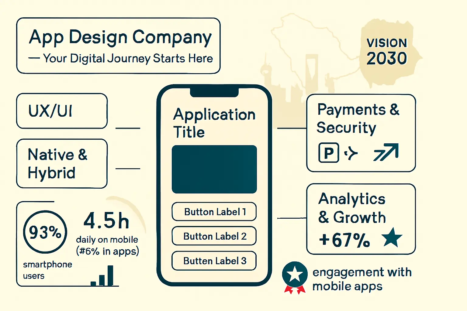 إنفوجرافيك شركة تصميم تطبيقات: UX، أصلية/هجينة، مدفوعات آمنة، تحليلات؛ 93% يستخدمون الهواتف، 4.5س يومياً، +67% تفاعل في السعودية.