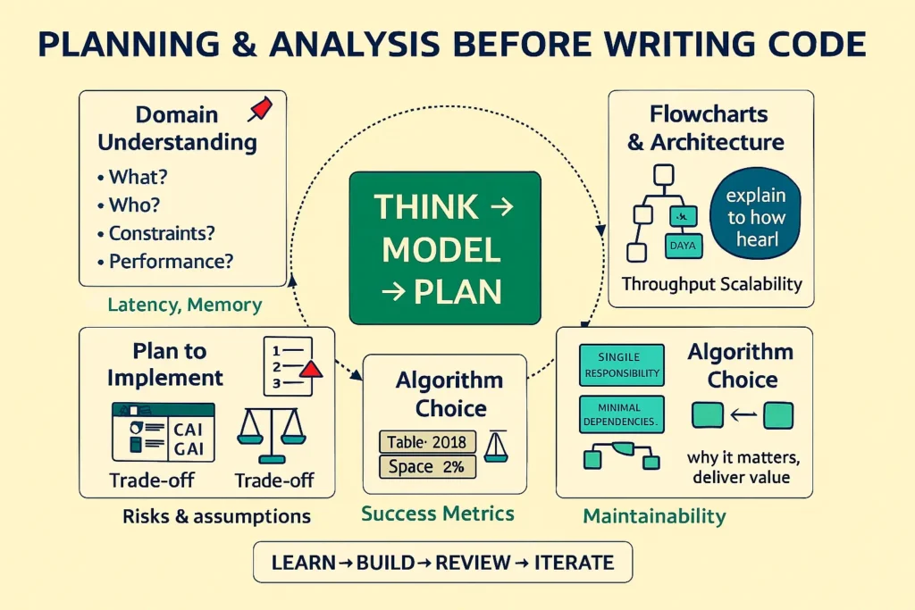 Infographic: planning & analysis before writing programming code—domain understanding, flowcharts/architecture, divide-and-conquer, algorithm choice, plan.