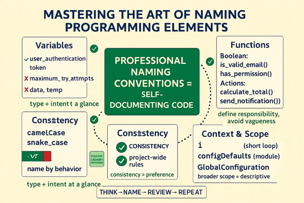 Infographic on naming in programming code: clear variables, verb-based functions, singular class names, consistent casing, and scope-aware, self-documenting code.
