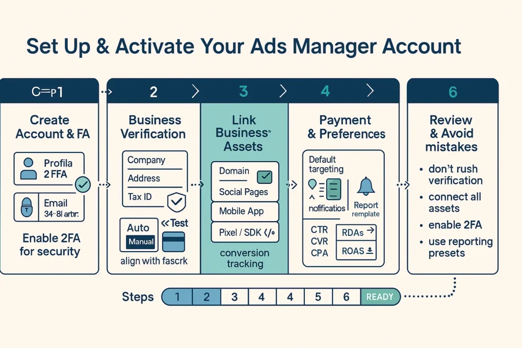 Infographic checklist to set up and activate Ads Manager: create account, verify business, link assets, set billing, choose defaults, and review.