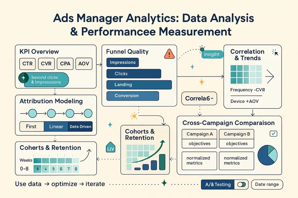 Infographic: Ads Manager analytics—KPI overview, funnel quality, attribution modeling, correlations/trends, cohorts & retention, cross-campaign comparison.