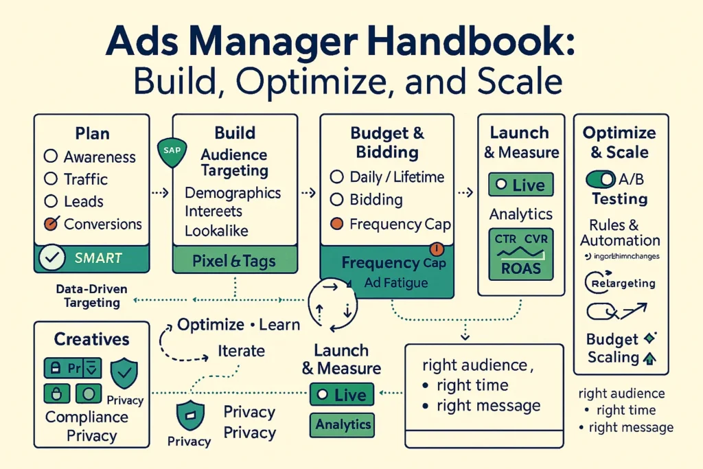 إنفوجراف يوضح سير عمل مدير الإعلانات: تحديد الأهداف، بناء الاستهداف، ضبط الميزانية والمزايدة، الإطلاق مع التحليلات، ثم التحسين وإعادة الاستهداف والتوسّع.