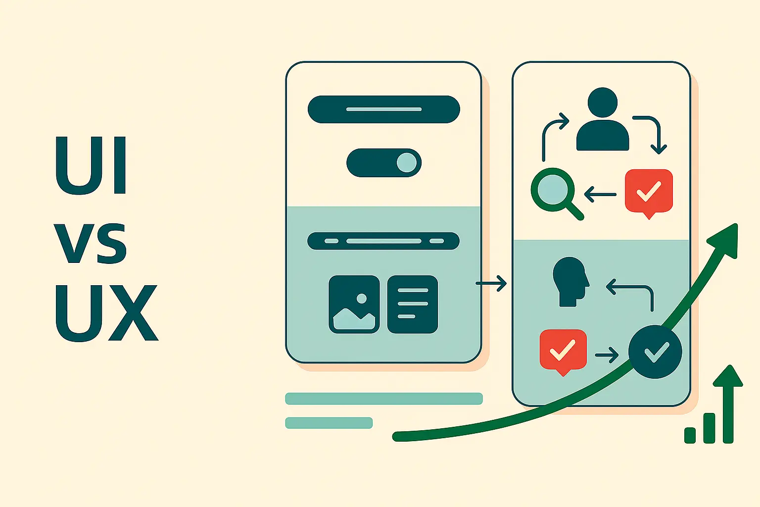 إنفوجرافيك يقارن واجهة المستخدم وتجربة المستخدم: لوحة واجهة بعناصر أزرار وشريط بحث ومنزلق مقابل تدفق تجربة المستخدم (بحث، اختبار، تكرار) مع سهم نمو وقياس أداء.