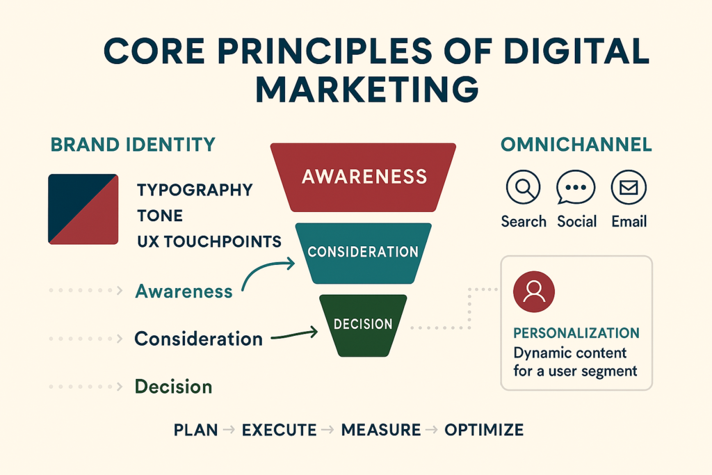 Infographic of fundamentals of digital marketing: brand identity, funnel (awareness→consideration→decision), omnichannel and personalization.