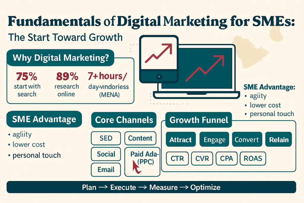 Infographic on the fundamentals of digital marketing for SMEs: why it matters, core channels (SEO, content, social, email, PPC), funnel, and CTR/CVR/ROAS