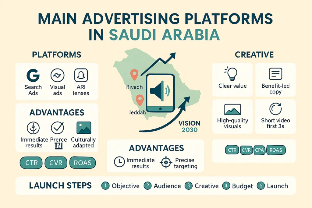 Infographic showing Paid Ads in Saudi Arabia: platforms, creative tips, advantages, KPI chips (CTR, CVR, CPA, ROAS), and launch steps with Riyadh & Jeddah map.