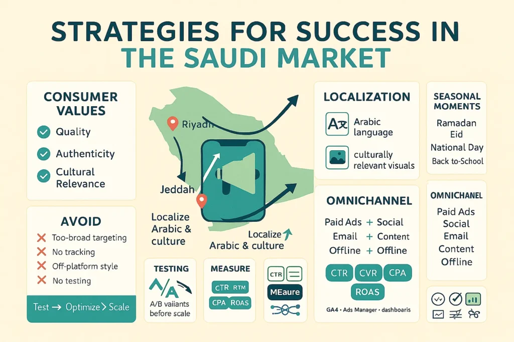 Infographic: Paid Ads strategies for the Saudi market—Arabic localization, seasonal moments, omnichannel plan, and KPIs (CTR, CVR, ROAS); Riyadh & Jeddah map.