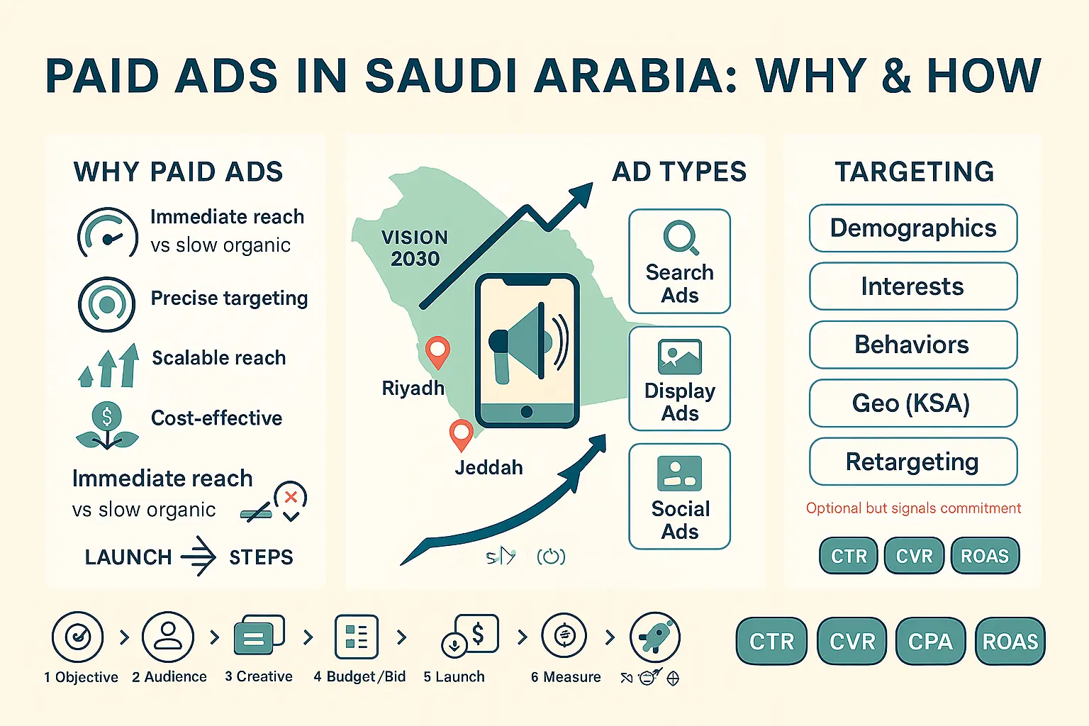 إنفوجرافيك يوضح الإعلانات المموّلة في السعودية: الفوائد، الأنواع (بحث/عرض/سوشيال)، خيارات الاستهداف، خطوات الإطلاق، ومؤشرات CTR وCVR وCPA وROAS.