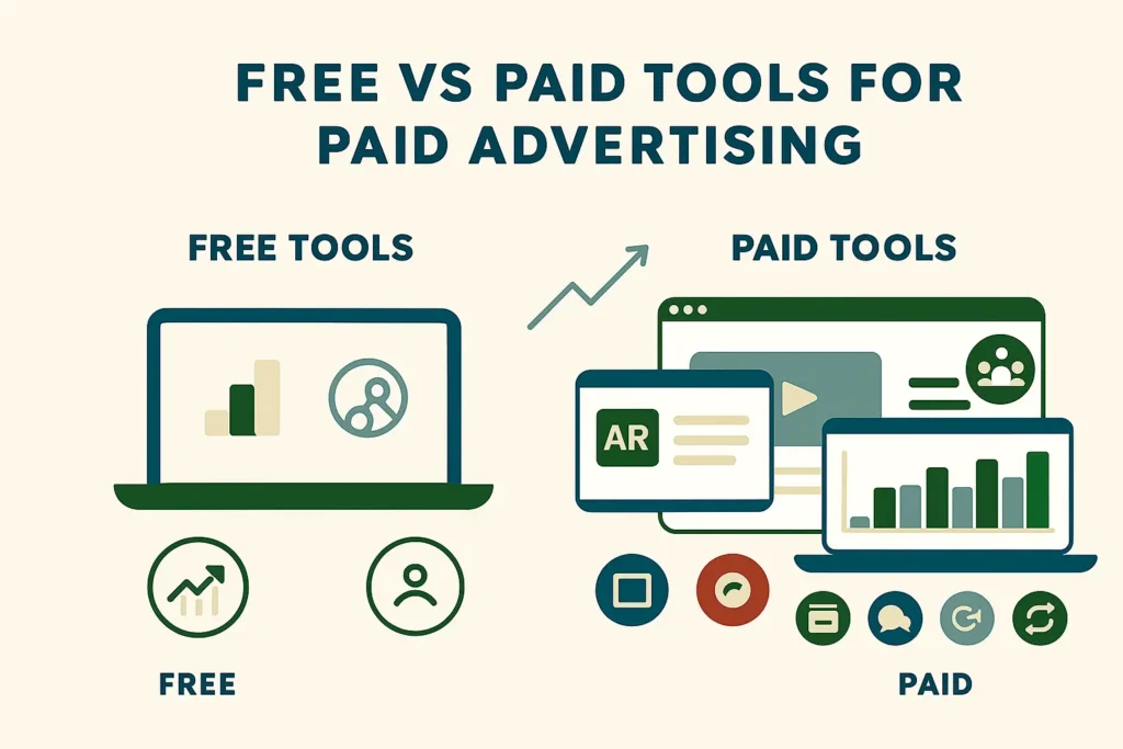  إنفوجرافيك يقارن بين أدوات مجانية ومدفوعة لإنشاء إعلانات ممولة في السعودية موضحًا تحليلات بسيطة مقابل تصميمات وتقارير وميزات تعاون متقدمة.