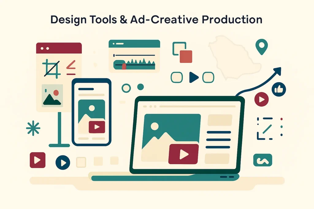  رسم توضيحي لأدوات تصميم وإنتاج الإعلانات يظهر لابتوب وهاتف ومعاينات صور وفيديو لحملات إعلانات ممولة في السعودية مع رموز تفاعل.