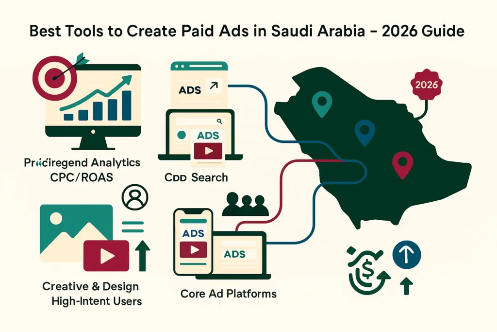 إنفوجرافيك يوضح أفضل الأدوات لإنشاء إعلانات ممولة في السعودية مع خريطة السعودية وإعلانات تظهر على الجوال والمنصات الرقمية. 