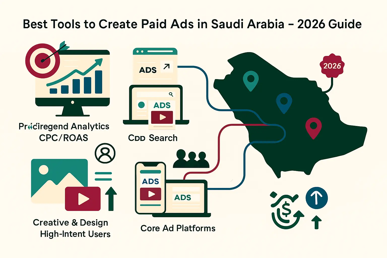 إنفوجرافيك يوضح أفضل الأدوات لإنشاء اعلانات ممولة فى السعودية مع خريطة السعودية وإعلانات تظهر على الجوال والمنصات الرقمية.