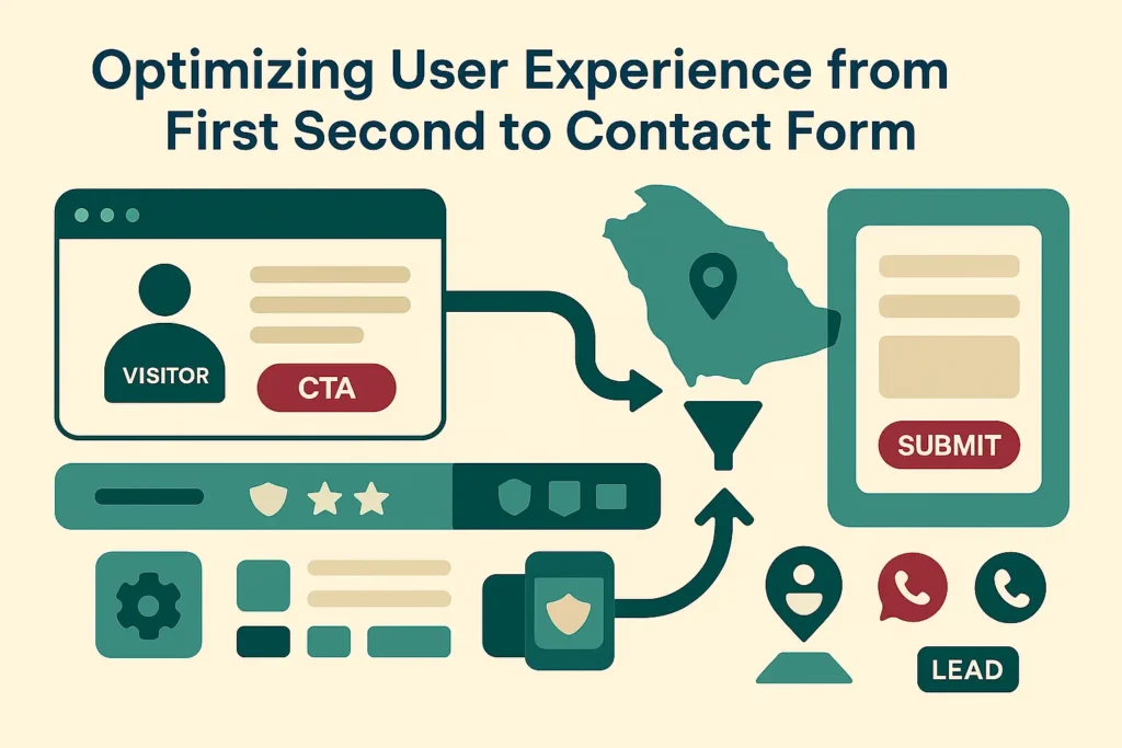 إنفوجرافيك لمسار تجربة المستخدم من أول زيارة حتى نموذج التواصل يوضح كيف تساعد أفضل شركة تصميم مواقع سعودية  في تحويل الزوار إلى عملاء محتملين.