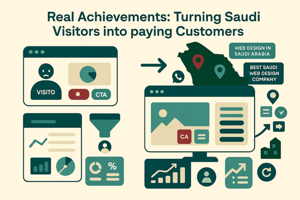  إنفوجرافيك يوضح نتائج عمل أفضل شركة تصميم مواقع سعودية من موقع ضعيف الأداء إلى موقع يجذب زيارات سعودية وتحويلات مع خريطة وأرقام تحليلية.