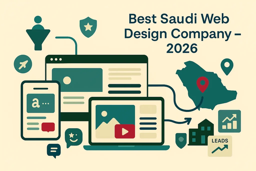 رسم توضيحي لموقع متجاوب على لابتوب وجوال مع خريطة السعودية وأيقونات نمو وتحويلات يبرز دور أفضل شركة تصميم مواقع سعودية  في جذب العملاء.
