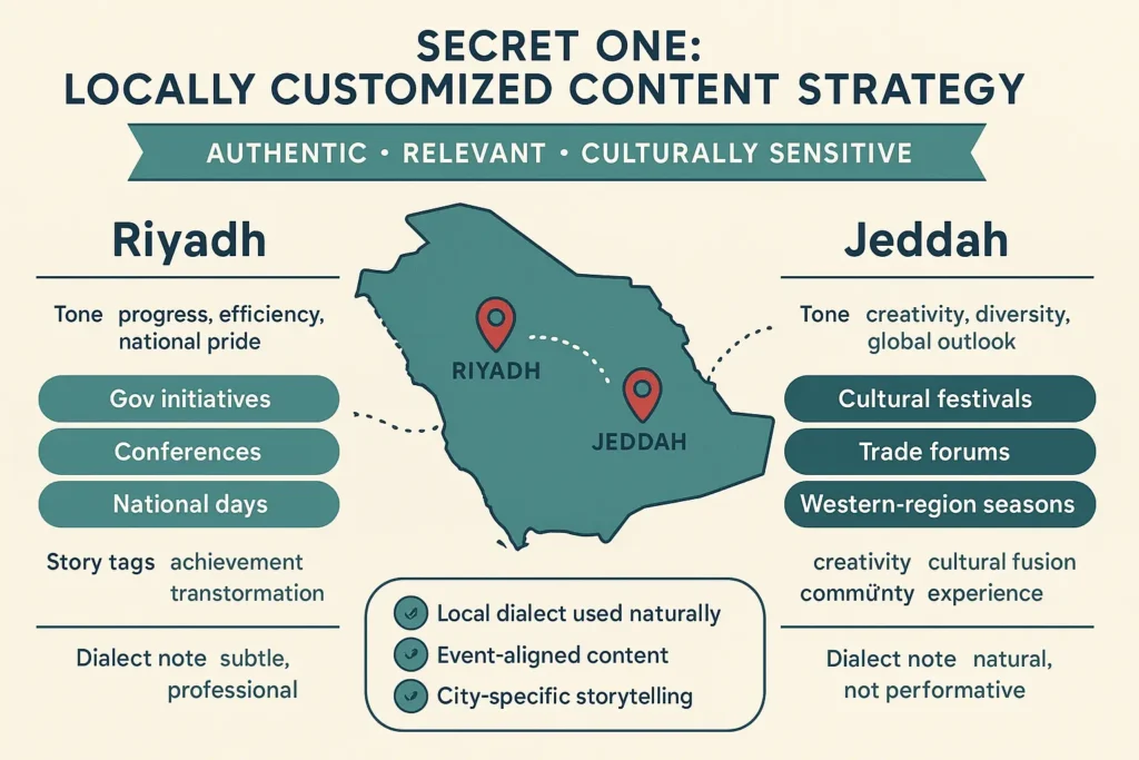 Infographic: locally customized content strategy for digital marketing in Riyadh vs Jeddah—tones, events, dialect use, storytelling themes, and KPIs.