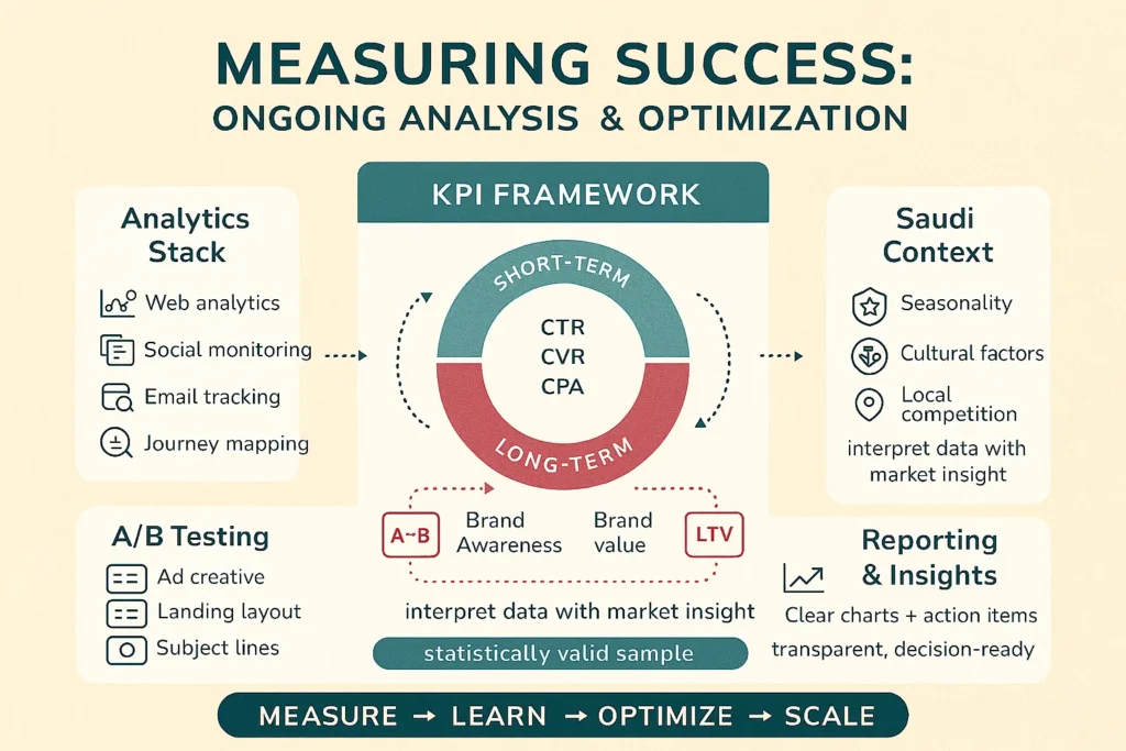 Infographic of digital marketing measurement: short-term KPIs (CTR, CVR, CPA) and long-term (brand, LTV), analytics stack, A/B testing, Saudi context.