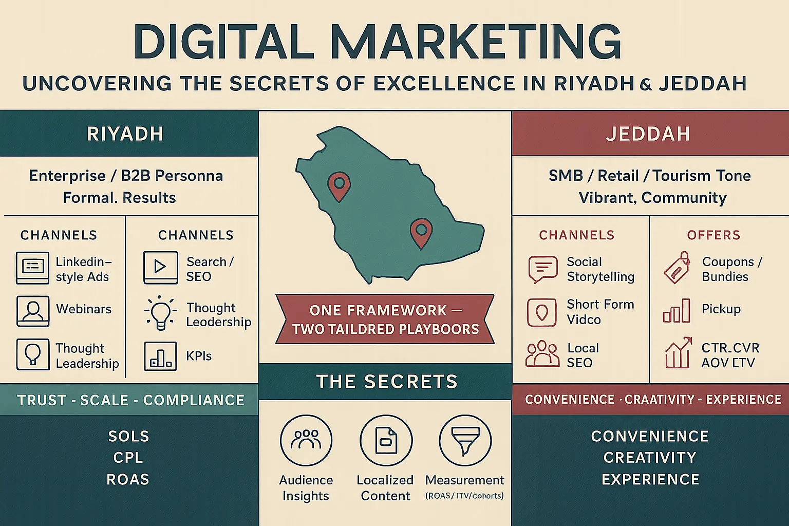 إنفوجراف يقارن استراتيجيات التسويق الرقمي بين الرياض وجدة: الجمهور المستهدف، مزيج القنوات، العروض، ومؤشرات الأداء مع خريطة السعودية.