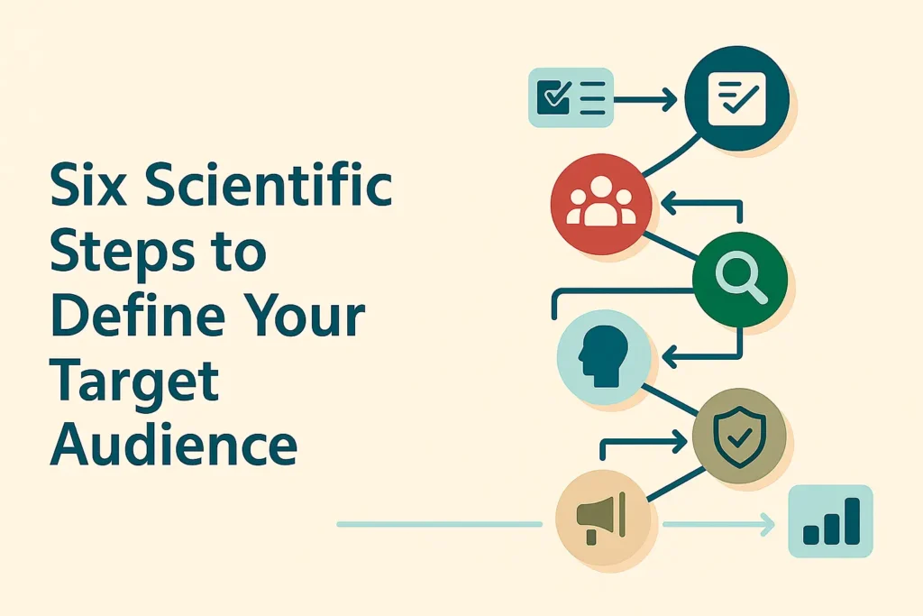 Target audience infographic showing six-step flow: product and customer analysis, market research, personas, small tests, measurement, improvement.