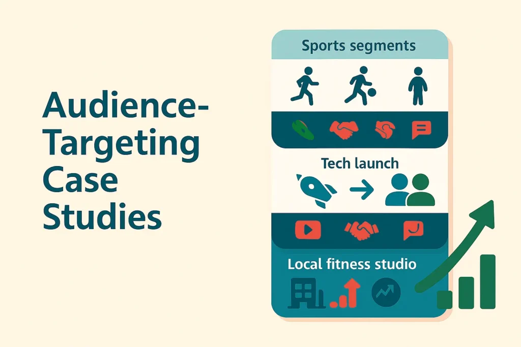Audience-targeting case studies infographic: sports segments, tech launch early vs pragmatic users, and a local fitness studio—focus on target audience.
