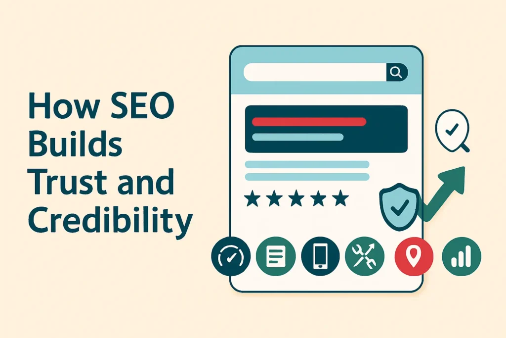 Search Engine Optimization graphic with highlighted SERP, 5-star ratings, verified badge, and upward arrow symbolizing trust and credibility.