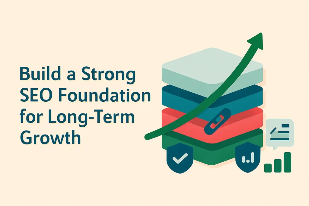 Search Engine Optimization infographic with stacked foundation layers, growth arrow, and trust/analytics badges for long-term results.