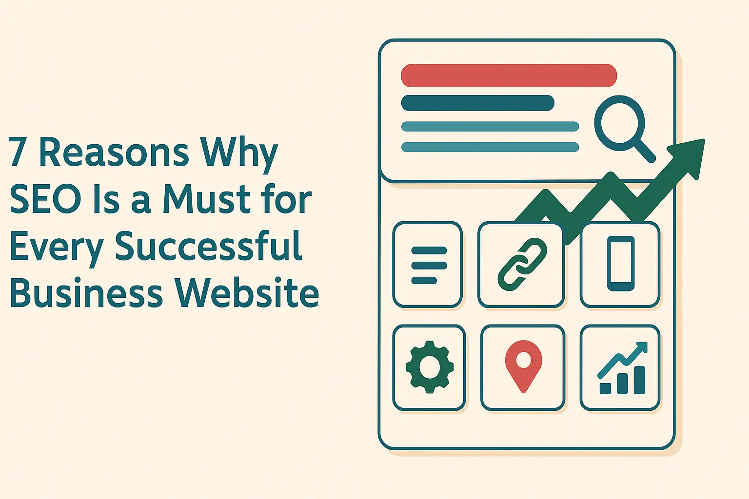 إنفوجرافيك تحسين محركات البحث يبرز نتيجة SERP الأولى مع سهم نمو وأيقونات السرعة والمحتوى والروابط والجوال والمحلي والتقني والتحليلات.