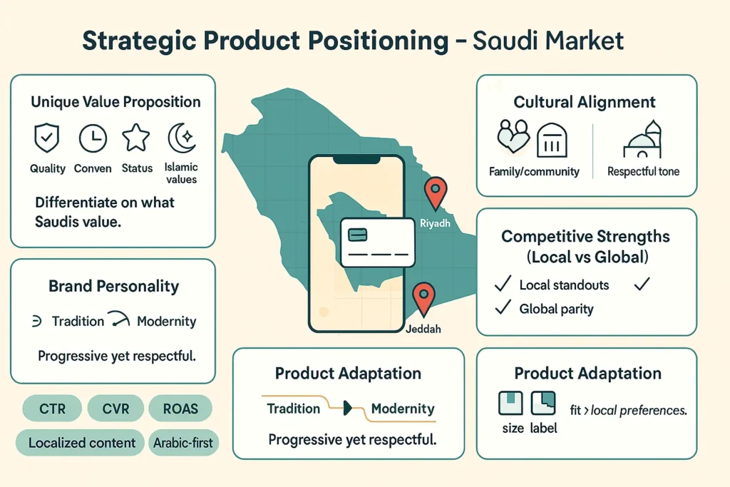 Strategic product positioning in Saudi market infographic—UVP, cultural alignment, brand personality, and product adaptations for Marketing Product success.