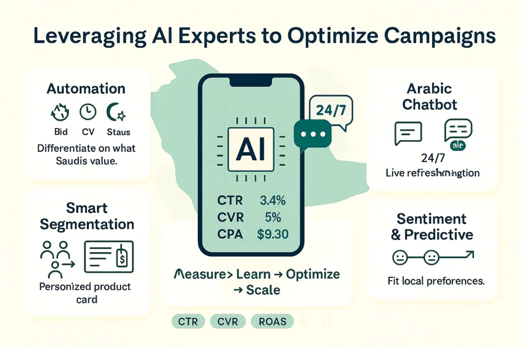 AI-powered Marketing Product plan in Riyadh—automation, Arabic chatbot, smart segmentation, sentiment insights—boosting CTR, CVR, ROAS.
