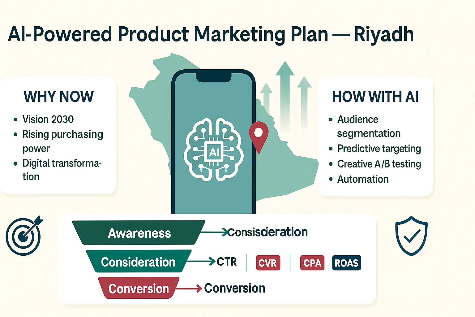 طريقة تسويق منتج خطة تسويق بالذكاء الاصطناعي في الرياض: هاتف فوق خريطة السعودية، أسهم نمو، مسار من الوعي إلى التحويل، متوافقة مع رؤية 2030.