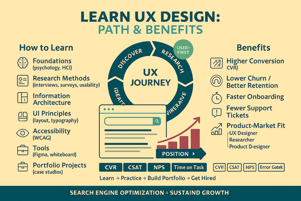 إنفوجراف لمسار تعلّم تصميم تجربة المستخدم والمهارات الأساسية وفوائده: دورة اكتشف→النموذج الأولي→اختبار→تكرار مع تحسين التحويل والاحتفاظ وتجربة المستخدم.
