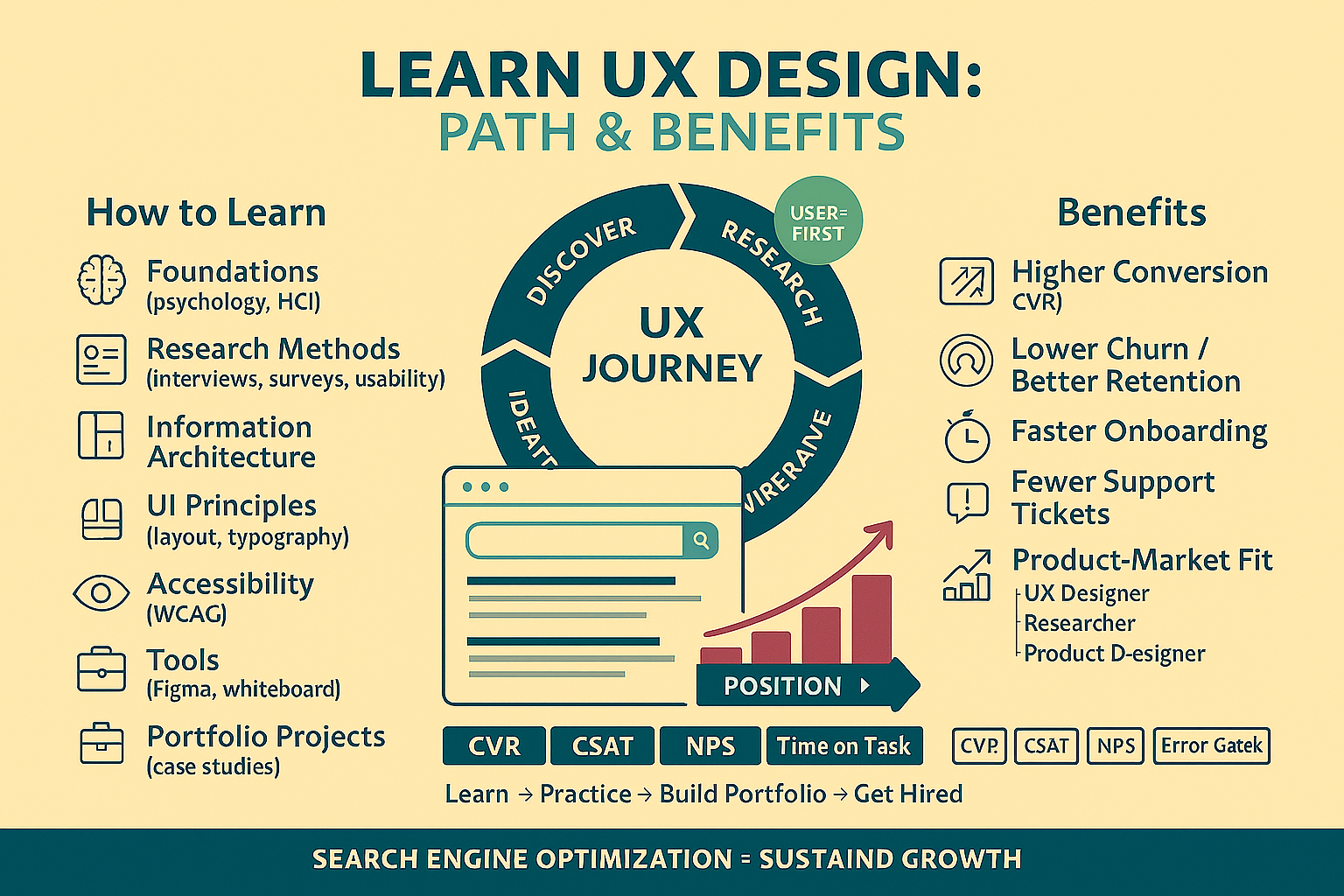 إنفوجراف لمسار تعلّم تصميم تجربة المستخدم والمهارات الأساسية وفوائده: دورة اكتشف→النموذج الأولي→اختبار→تكرار مع تحسين التحويل والاحتفاظ وتجربة المستخدم.