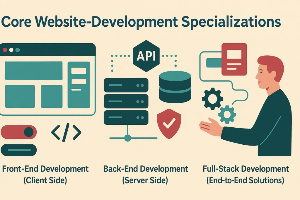 website development programming infographic showing front-end, back-end, and full-stack specializations with modern icons and a developer character.