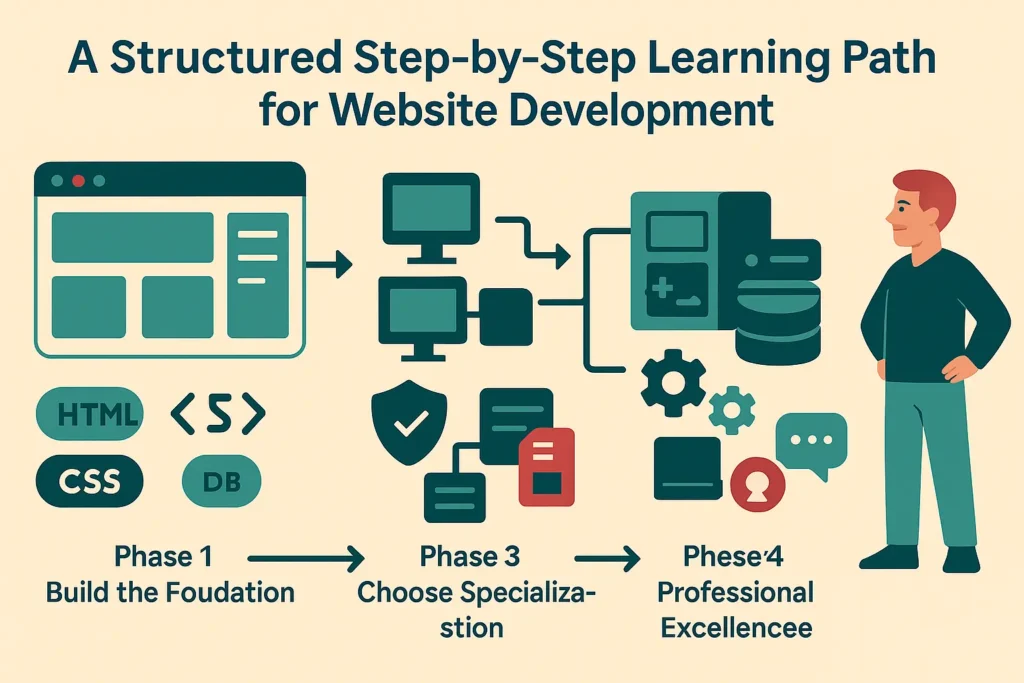 Infographic showing a structured step-by-step website development programming learning path from foundation skills to professional excellence across four phases.