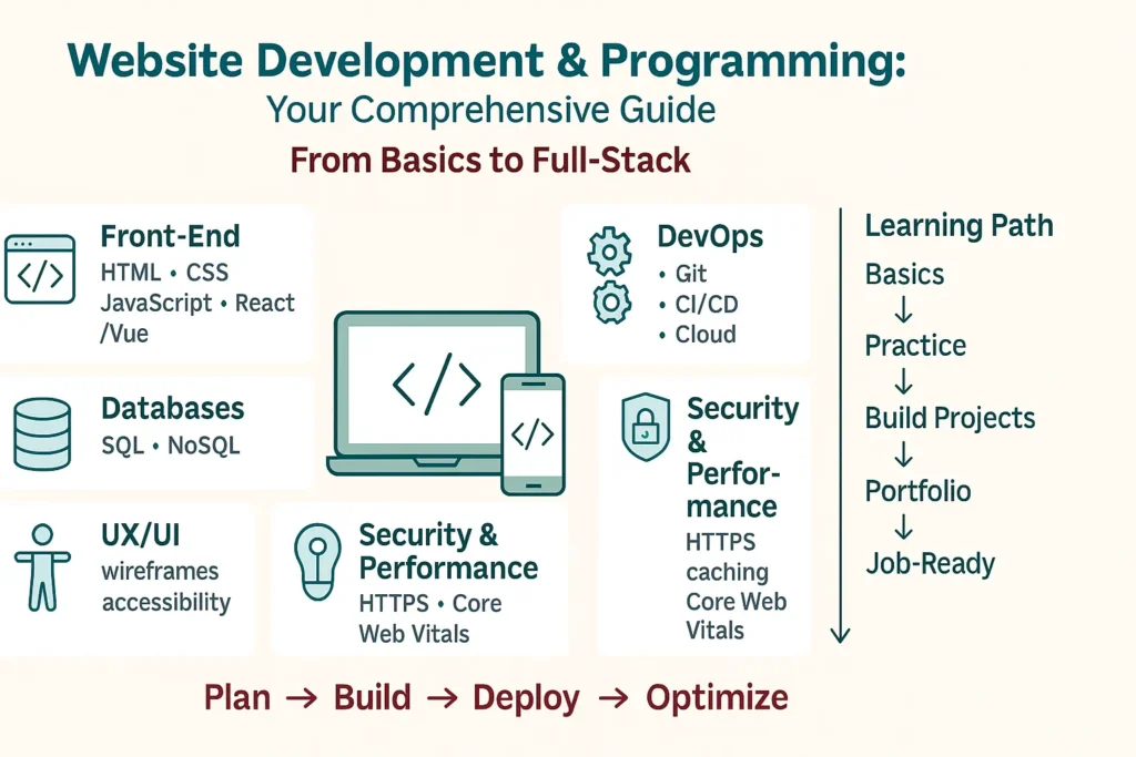 website development programming infographic: front-end (HTML, CSS, JavaScript, React/Vue), databases, UX/UI, DevOps, security, plus a learning path to full-stack.