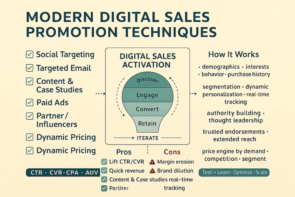 Infographic of modern Sales promotion techniques: social targeting, targeted email, content/case studies, paid ads, partners, dynamic pricing, KPI funnel.