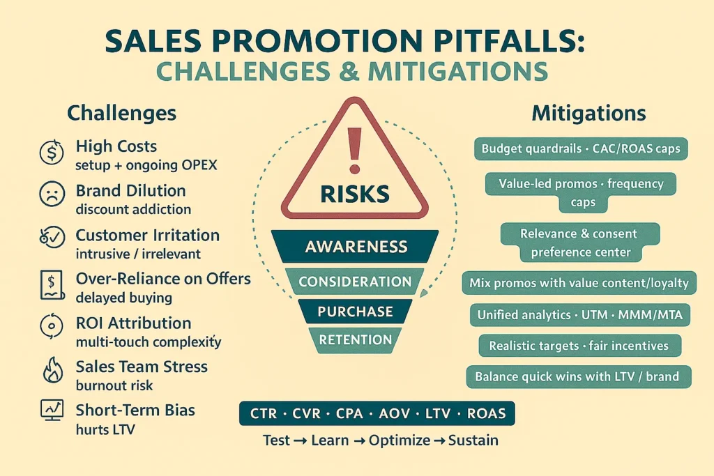 Infographic of Sales promotion pitfalls and mitigations: high costs, brand dilution, customer irritation, over-reliance on offers, ROI issues, team stress, KPI strip.