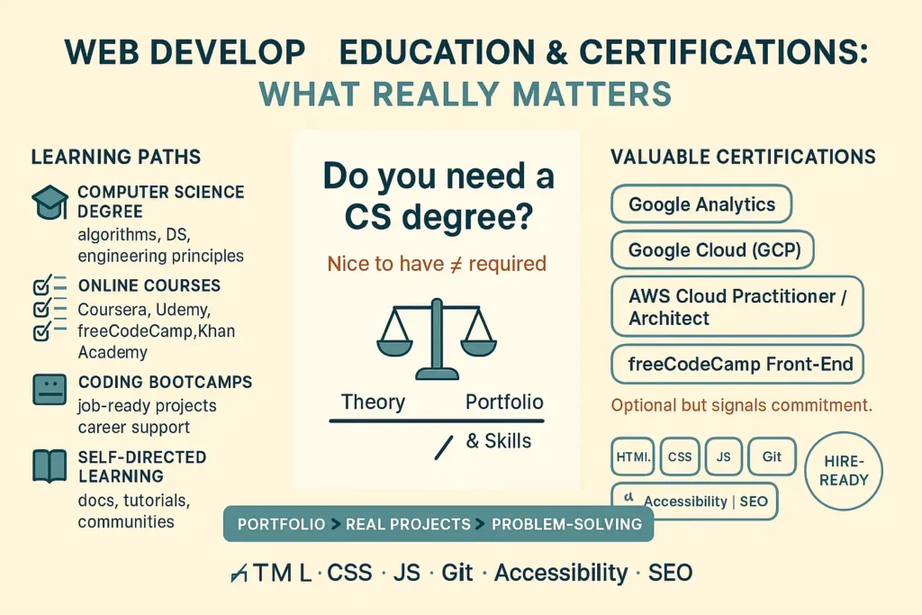 Web developer education & certifications infographic showing learning paths, CS degree vs portfolio, key certifications, and core skills for modern developers.