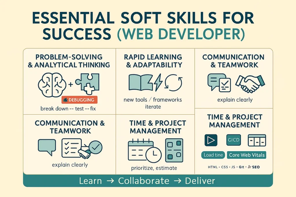 Infographic showing Web developer soft skills: problem-solving & debugging, rapid learning, communication & teamwork, time and project management.