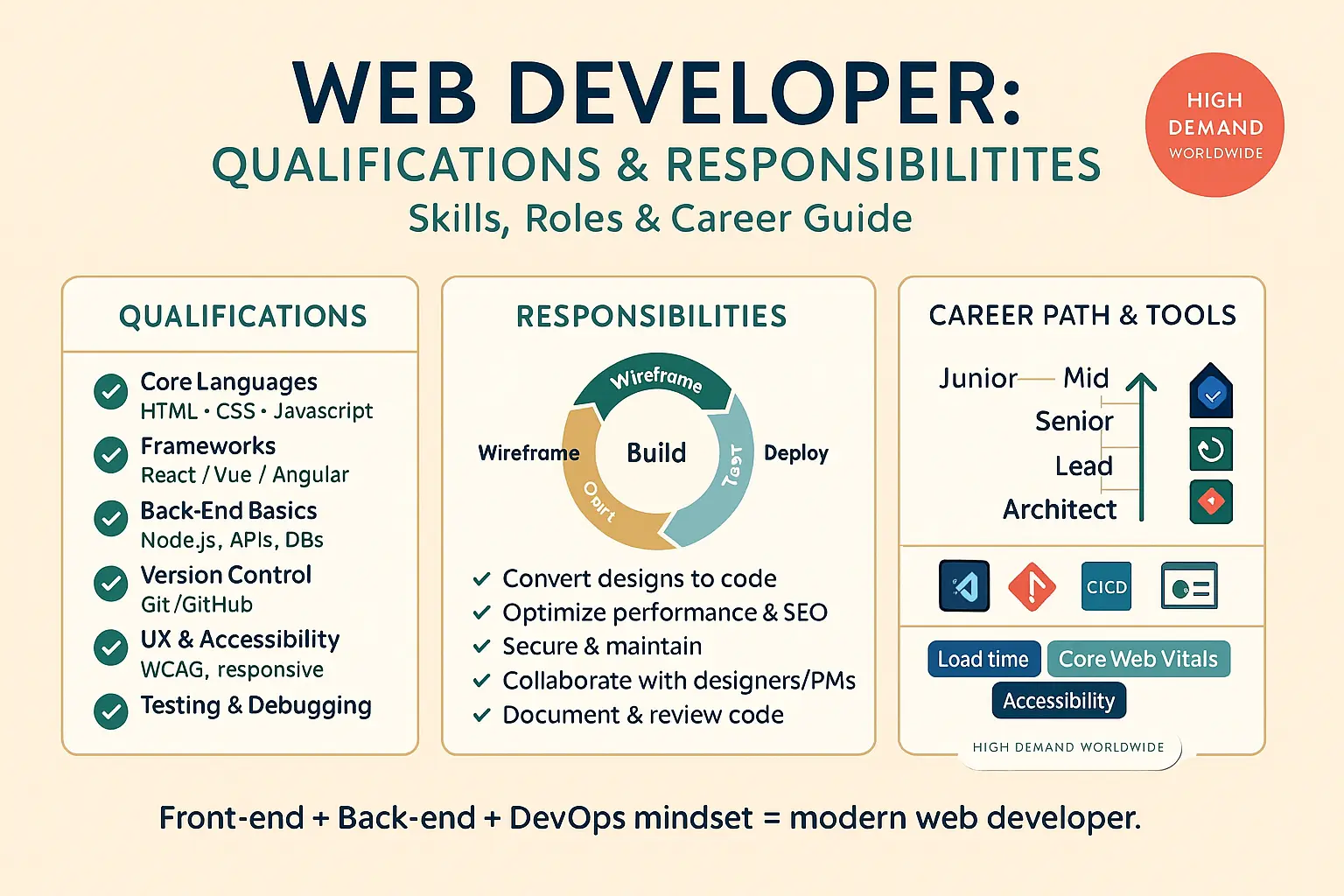 إنفوجرافيك يوضح مؤهلات ومسؤوليات مطور ويب: HTML وCSS وJavaScript، الأطر، أساسيات الباك-إند، Git، DevOps، وإتاحة الوصول.