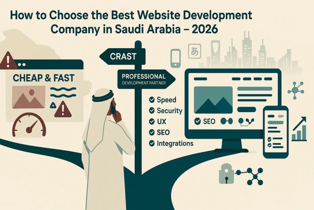 رائد أعمال سعودى يقف عند مفترق طرق بين موقع رخيص مليء بالمشاكل وموقع احترافى سريع وآمن يجسّد اختيار أفضل شركة تطوير مواقع إلكترونية.