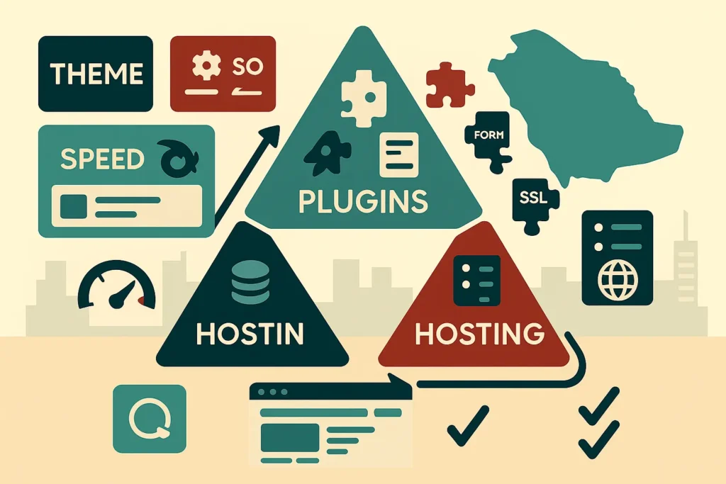 Infographic showing theme, plugins, and hosting triangle improving speed and security, visualizing Website Design Tools in SaudiArabia 2026.