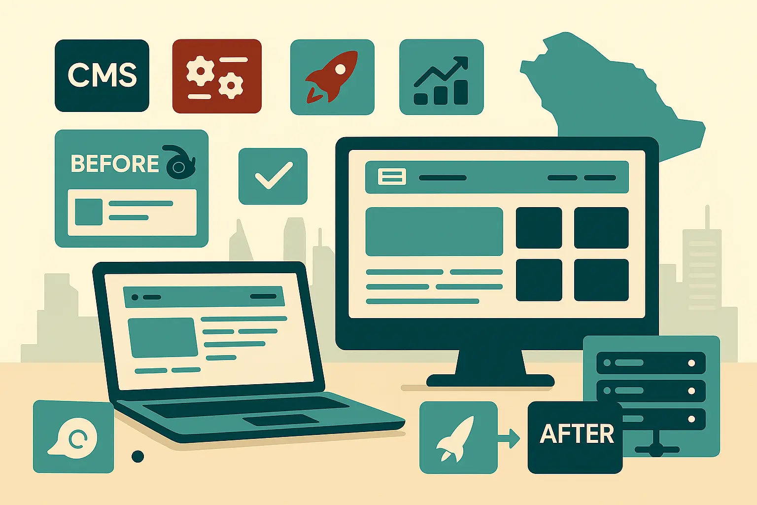 مساحة عمل فيها لابتوب وشاشة تعرض تصميم موقع قبل وبعد مع أيقونات CMS واستضافة وسرعة توضح ادوات تصميم المواقع فى السعودية 2026.